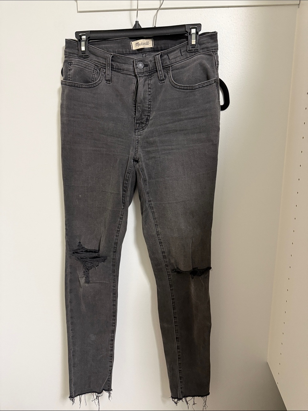 Madewell Charcoal Gray Skinny Jeans with Knee Distress. 9” mid-rise
